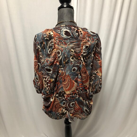 Buffalo Jeans Top Womens Medium Peacock Print Dolman Sleeve Sheer Blouse - Picture 5 of 7